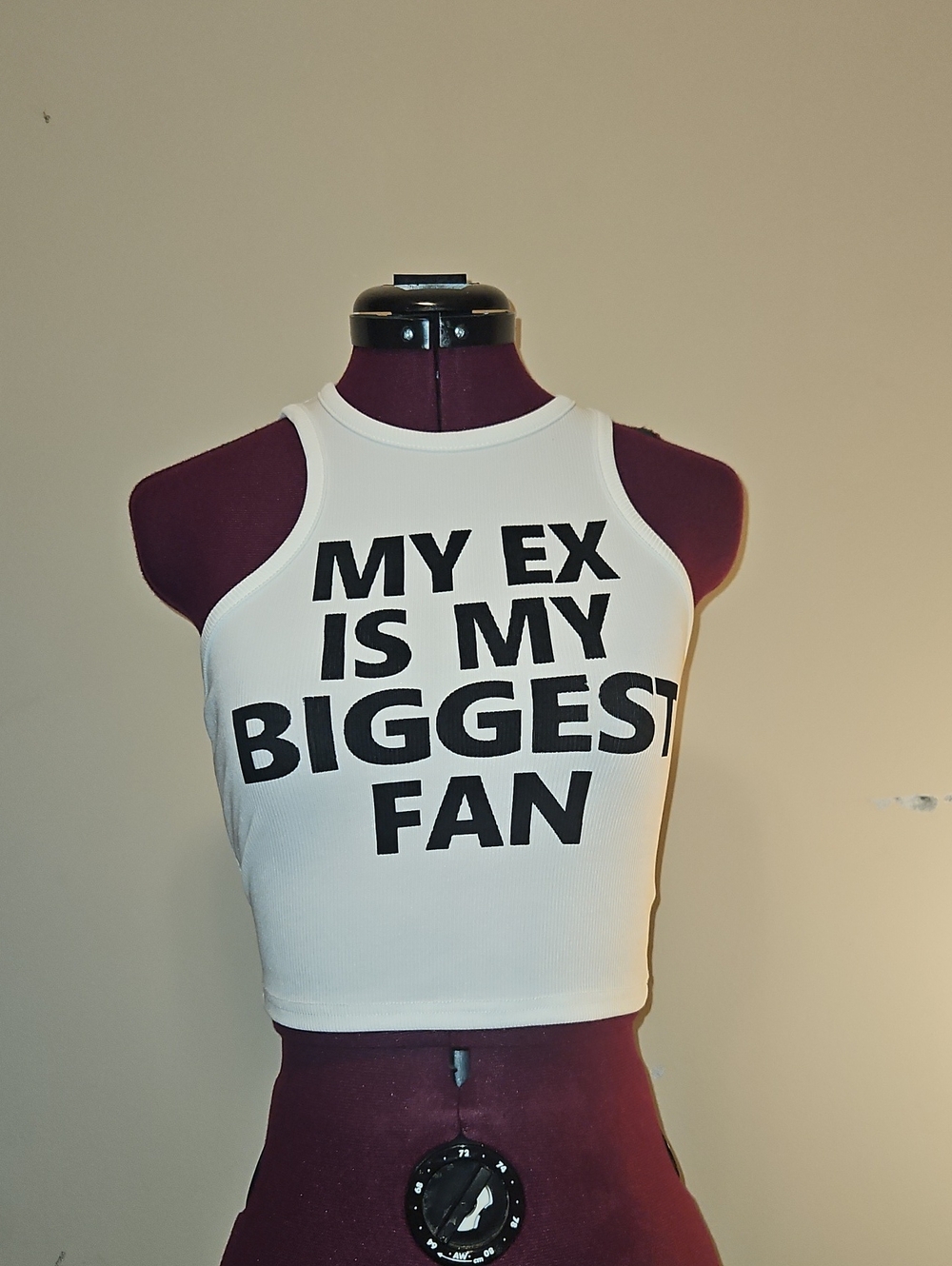 White Ribbed Crop Top with 'MY EX IS MY BIGGEST FAN' Graphic